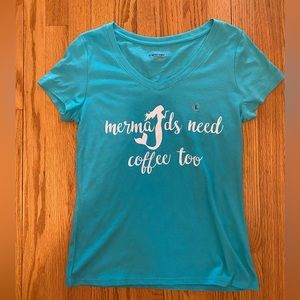 Joe boxer " mermaids need coffee too" Tshirt Women’s Large Aqua Blue V neck NWOT
